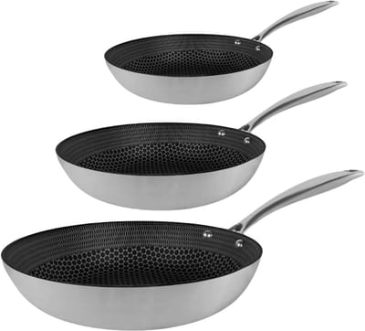 Cook & Pan Honey 3-Delige Koekenpan Pannenset RVS - PFAS vrij - Alle Warmtebronnen - Koekenpannenset met 7 jaar Garantie - Krasbestendige Anti Aanbaklaag - Vaatwasserbestendig - Gas, Inductie, Elektrisch, Oven