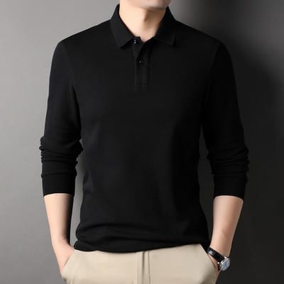 Heren Herfst Lange Mouw Poloshirt Heren Mode Casual Nieuwe Revers Piqué Katoen Effen Kleur Heren T-shirt 3XL black