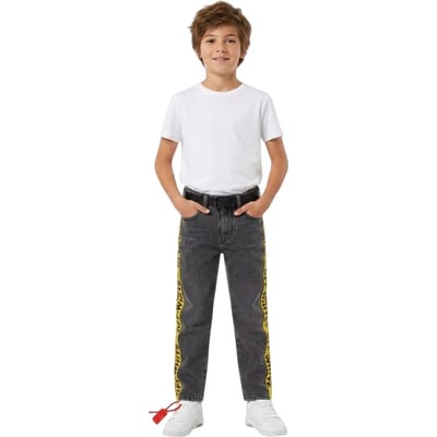 Off White Kinderjeans van gewassen denim met logo, 5 zakken en een rechte pasvorm (Grijs/Geel)