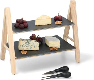Alpina Borrelplank - 2-Laags Etagère - Leisteen en Hout