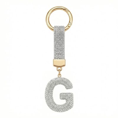Zilverkleurige sleutelhanger met letter G en strass steentjes – initial sleutelhanger voor dames en heren – metalen sleutel hanger met ronde ring en decoratieve letter hanger