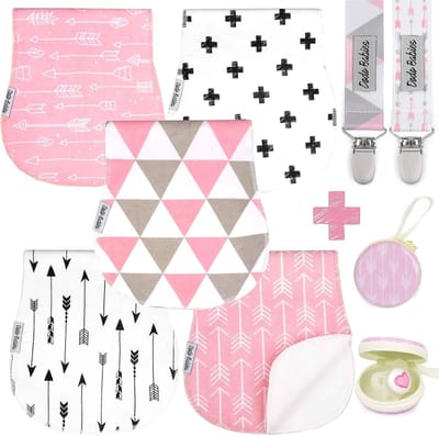 Set van 5 Zachte, Absorberende Baby Spuugdoeken met Fopspeenkoffer en Clips - Roze en Wit