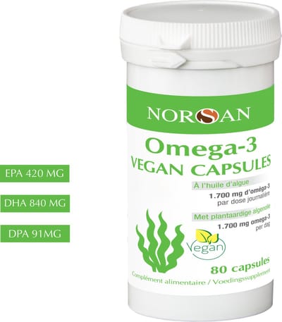NORSAN | OMEGA-3 VEGAN CAPSULES | 1700 MG | EPA 420 MG | DHA 840 MG | DPA 91 MG | PUUR EN ZUIVER | 80 CAPSULES