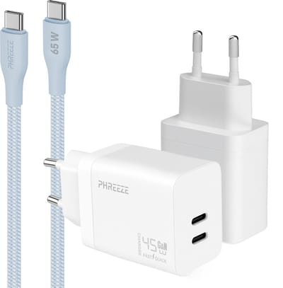 Phreeze usb C snellader 45w met usb C naar usb C kabel blauw 1m - Dubbele usb C oplader - Fast charger