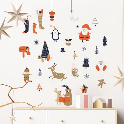 Kerststickers met de Kerstman en zijn dieren - zelfklevende kerststickers - feestdecoraties - 90x95cm