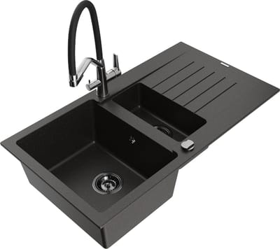 Mexen Matias granieten gootsteen 1,5-kamer met afdruiprek en keukenmengkraan Duo, zwart/goud metallic - 6502-75-671701-07-B