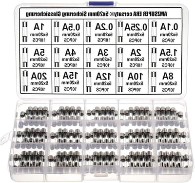 Vijf verschillende 5x20mm glaszekeringen, snelle fuses assortiment met 150 stuks en handige opbergdoos voor diverse ampères