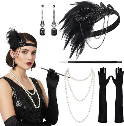 Accessoire Set voor Vrouwen uit de Jaren 1920, Flapper Kostuum met Hoofdband, Ketting, Handschoenen en Handheld Props