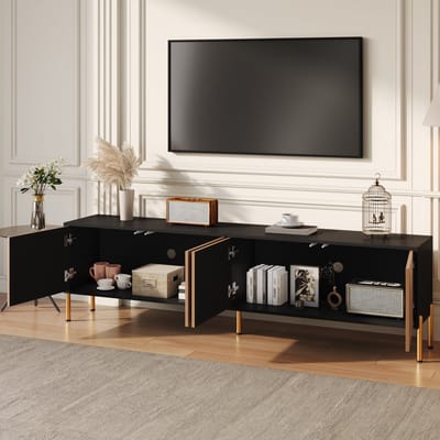 MODENUIT Tv-Meubel - 4 Deuren Met Gesloten Opbergruimte - Woonkamer - Spaanplaat Zwart En Naturel - 179x35x53,5 Cm