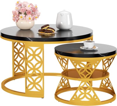 REDOM Salontafel Set van 2 – Ronde Salontafel Zwart Marmerlook – Moderne Woonkamer Tafel – Nesting Design – Stevig Goud Metalen Frame – Ruimtebesparend – Zwart/Goud