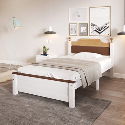 DESMIU Eenpersoonsbed 90x200 cm – Contrastvol Hoofdbord Met Solide Lattenbodem – Stabiele Constructie Zonder Opbergruimte – Voor Jeugd Of Logeerkamer – Hout En MDF – Wit – Zonder Matras