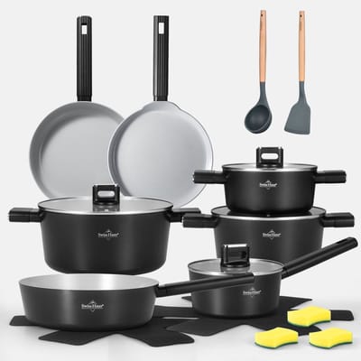 Swiss Haus® SC3018B Pannenset Inductie - 18-delig – PFAS Vrij – Koekenpan, Kookpannen, Hapjespan, Pannenkoekenpan & Steelpan - Voor Alle Warmtebronnen – Ovenbestendig tot 160°C - Zwart