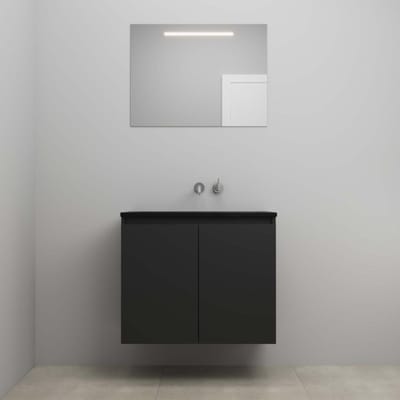 On-Line Badkamermeubelset - 80 cm - Bouwpakket - Greeploze Ladestructuur - Acryl Wastafel - zonder Kraangat - Spiegel met LED-Verlichting - Mat Zwart