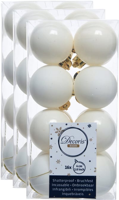 Decoris kleine kerstballen - 48x st - wol wit - 4 cm - kunststof - kerstversiering