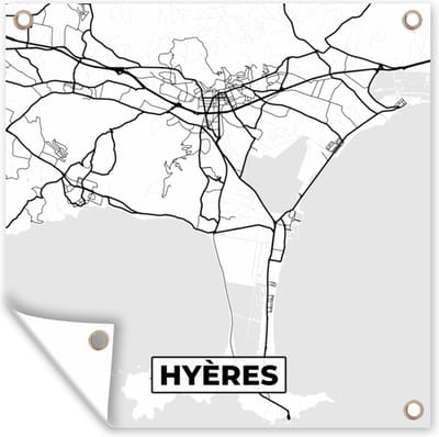 Tuin poster Stadskaart - Plattegrond - Hyères - Kaart - Frankrijk - Zwart wit - 200x200 cm - Tuindoek