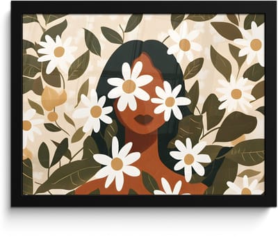 Poster in lijst - Fotolijst 40x30 cm - Posters - Illustratie - Vrouw - Madeliefjes - Wit - Posterlijst zwart - Decoratie - Wanddecoratie woonkamer - Muurdecoratie slaapkamer