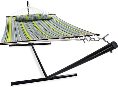 Hangmat met frame - Lounge bed - Ontspannen buiten - UV- en weerbestendig - 200 kg draaglast - Groen/blauw