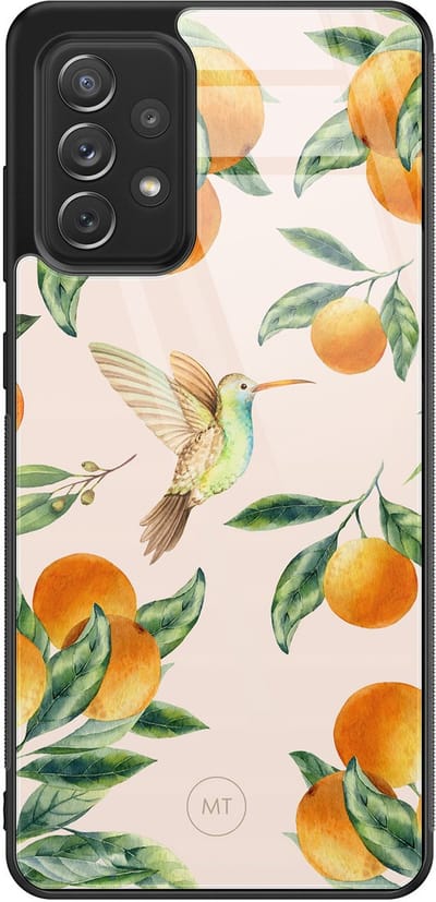 Hoesje geschikt voor Samsung Galaxy A52 5G - Tropical fruit - Hard Case Zwart Back Cover - Natuur - Oranje - Mooie Telefoonhoesjes