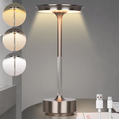 Rosnek Oplaadbare Tafellamp Zilver - RVS Look - Dimbaar & Draadloos - LED - 3 Kleuren - Spatwaterdicht - Aluminium Behuizing - Tijdloos Design