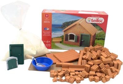 Teifoc® Bouwdoos – Starthuis – 123 onderdelen – Echte mini Bakstenen met Cement, Kom en Troffel – Bouwpakket voor kinderen vanaf 6 jaar