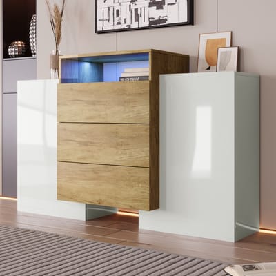 DESMIU Dressoir - Hoogglans Opbergkast Met Ledverlichting En Laden - Voor Woonkamer En Hal - MDF In Natuur En Wit - 140x30x77,5 Cm