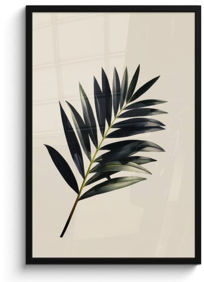 Poster in lijst - Fotolijst 60x90 cm - Posters - Palmblad - Subtiel - Groen - beige - Posterlijst zwart - Decoratie - Wanddecoratie woonkamer - Muurdecoratie slaapkamer