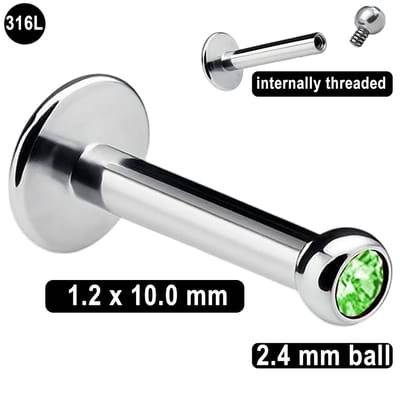 Labret Piercing - 1.2 mm x 10 mm – 316L Chirurgisch Staal - met Groene Kristal