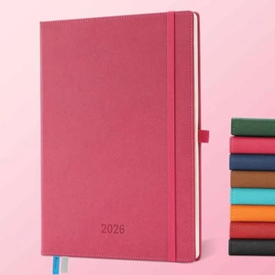 Agenda 2026 A4: Boek Agenda met Week- en Dag Planner, 12 Maanden, 100g/m² Papier, PU Leren Kaft Roze