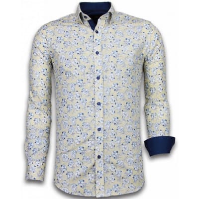 Italiaanse Overhemden - Slim Fit Overhemd - Blouse Drawn Flower Pattern - Beige