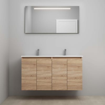 On-Line Badkamermeubelset - 120 cm - Bouwpakket - Greeploos 4 Deuren - Acryl Wastafel - 2 Kraangaten - Spiegel met LED-Verlichting - Eiken