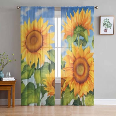 Bloemen Illustratie Zonnebloemen Zomer Retro Tule Raamgordijnen voor Slaapkamer Luxe Huis Gordijnen in Woonkamer Chiffon Panelen 135W x 114H(cm) orange