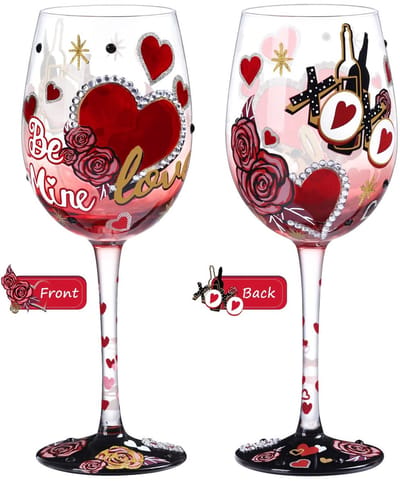 Dailygoods- Wijnglas Handgeschilderd 15oz - Kristalglas - Verjaardagscadeau - Bruiloft Gift - Rozebloem/Hart Patroon - Inclusief Geschenkdoos - Decoratief Glas