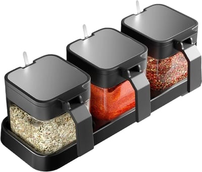 Kruidenpotjes Set met Lade, Glazen Kruidenpotjes met Deksel en Lepel, Keuken Specerijenpotjes voor Opslag van Zout en Suiker voor Keuken en Tafel