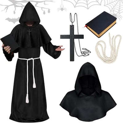 Monnikskostuum met Kap en Kruis, Middeleeuwse en Renaissance Outfit voor Halloween, Carnaval en Cosplay, Inclusief Zwarte Boek en Touw (XL)