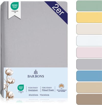 Barbons hoeslaken 70x140 - 60x120 hoeslakens ledikant Baby - 100% Katoen - Babybedje Lichtgrijs Set van 2