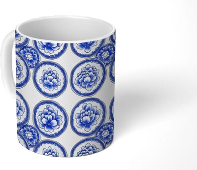 Mok - Koffiemok - Cirkels - Bloemen - Blauw - Mokken - 350 ML - Beker - Koffiemokken - Theemok