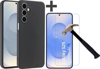 Hoesje geschikt voor Samsung Galaxy S25 hoesje zacht siliconen met gehard glas Screenprotector- Arara backcover - Zwart