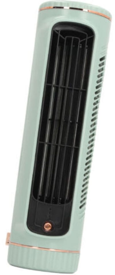 fan-Een stille, oplaadbare, bladloze tafelventilator met drie windsnelheden. Compact en draagbaar, met een afmeting van slechts 26,67 cm, is hij geschikt voor zowel binnen- als buitengebruik en wordt geleverd met een 1200 mAh accu.