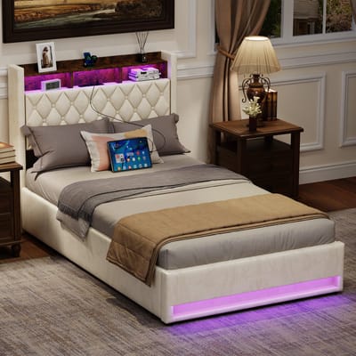 STILVORA Opbergbed 140×200cm - Gestoffeerd Bed Met LED Verlichting En USB Aansluiting - Fluweel Beige