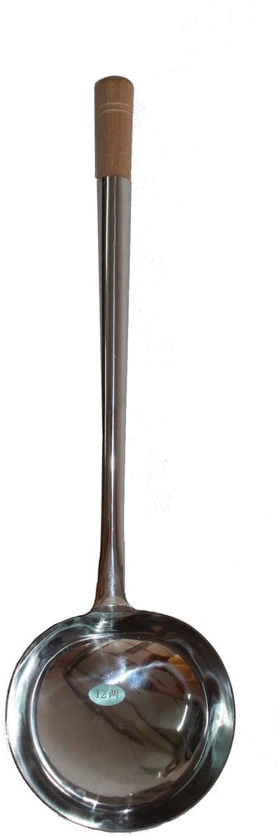 Schepplepel Wok troffel rond van roestvrij staal met houten handvat Goet 49 cm lang, Ø troffel 14,5 cm, nr. 014