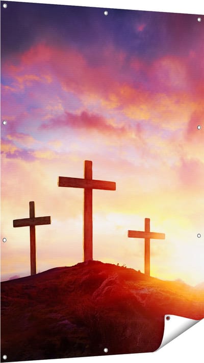Gards Tuinposter Kruisiging van Jezus Christus - Drie Kruisen - 100x150 cm - Tuindoek - Tuindecoratie - Wanddecoratie buiten - Tuinschilderij