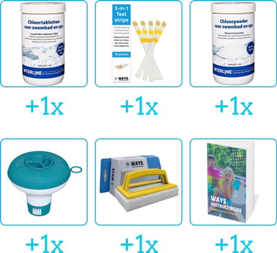Zwembad Onderhoudspakket - Onderhoud Zwembad - bevat Chloor - Testrips - Chloor - Chloordrijver - Scrubborstel en Zwembadgids (6-delig)