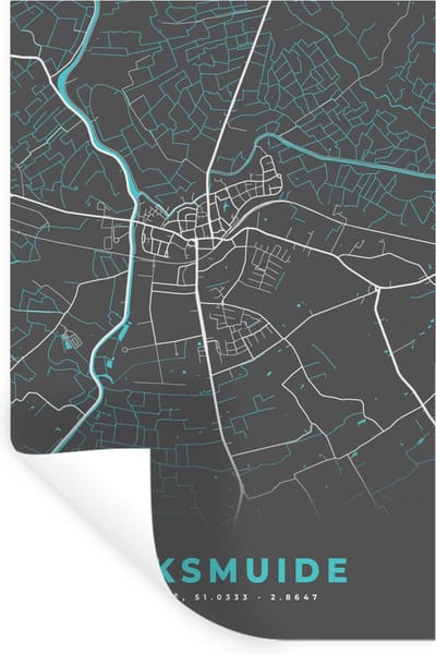 Muurstickers - Sticker Folie - Plattegrond – Diksmuide – Blauw – Stadskaart - Kaart - 20x30 cm - Plakfolie - Muurstickers Kinderkamer - Zelfklevend Behang - Zelfklevend behangpapier - Stickerfolie
