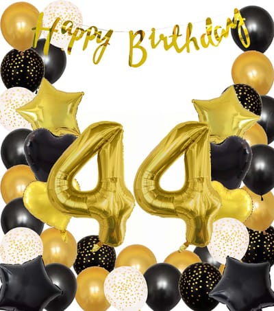Snoes Ballonnen 44 Jaar Black Gold Dots Mega Ballon - Compleet Feestpakket Goud Zwart Stippen Cijferballon 44 - Verjaardag Versiering DIY Slinger Happy Birthday – Folieballon – Latex Ballonnen - Helium Ballonnen