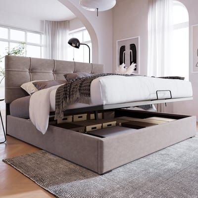 KOMHTOM Eenpersoonsbed 90x200 cm Volwassene slaapbank verstelbaar hoofdeinde metalen frame lattenbodem lichtgrijs fluweel