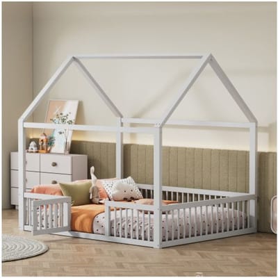 140*200cm Massief houten bed, Tweepersoonsbed, Plat bed, Huisbed, Huisbed met deur, wit
