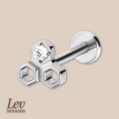 Lev Sieraden - Zilver kleur - Titanium Push Pin Labret piercing - honingraat en steen - oor - lip - piercing