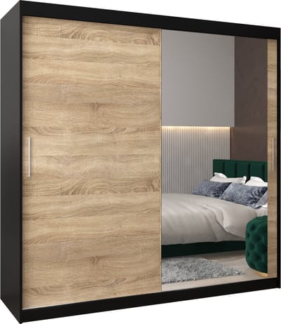 InspireMe - Kledingkast met 2 schuifdeuren, Modern-stijl, Kledingkast met planken (BxHxD): 200x200x62 - TORM II 200 Zwart Mat + Sonoma Eik met 4 lades