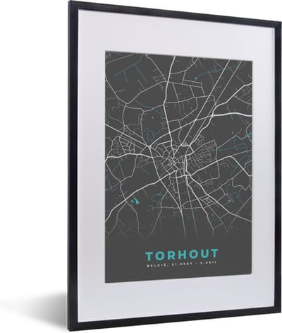 Fotolijst incl. Poster - Stadskaart – Grijs - Kaart – Torhout – België – Plattegrond - 30x40 cm - Posterlijst