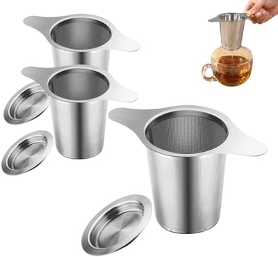 Daity 3 stuks - Roestvrijstalen theezeefjes - Theezeefjes - 304 roestvrij staal met deksel - Dubbele handgreep ultrafijne zeef - Thee- en koffiefilter met fijn gaas - Hangt aan theepot, mok, kopje - Voor het zetten van losse thee en koffie